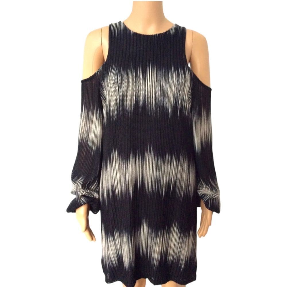 CITY CHICβ Black & Silver Ombre Mesh Knit Long Sleeve Cold Shoulder Shift Dress - Picture 5 of 15